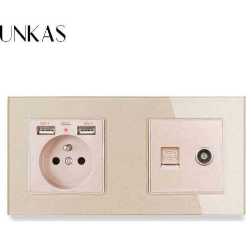 UNKAS Glass Panel French Standard Electric Socket with 2 USB +1 Gang RJ11 Telephone Connector Female TV Connector 172*86mm