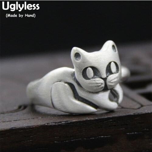 Uglyless Real S999 Silver Women Handmade Cute Cat Finger Rings Adjustable Finger Fine Jewelry Korean Girls Simple Fashion Bijoux
