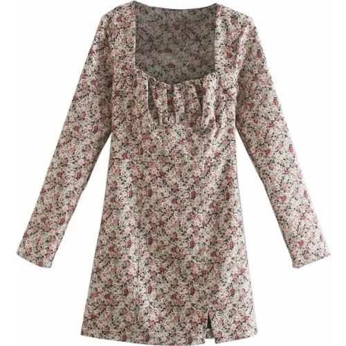 XNWMNZ Za women 2020 floral print dress with a square-cut neckline long sleeves Pleat detail on the chest Front slit at the hem