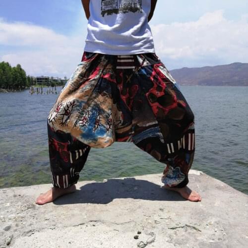 Women Boho Harem Pants Loose Oversized Cotton Linen Streetwear Hip Hop Dance Trousers Ethnic Print Hippie Pants