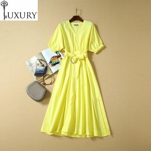 New High 2020 Quality Summer Style Cotton Women V-Neck Short Sleeve Large Swing Mid-Calf Casual Yellow Dress Vestidos