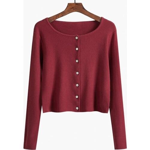 Womens Coat Spring Autumn Round Neck Single-Breasted Knitted Sweaters Cardigan Short Long Sleeve Solid Color Jacket Outerwear