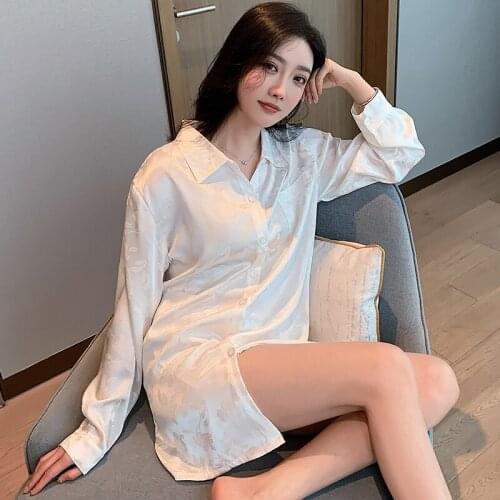 2021 Spring Summer Sexy Silk Satin Long Sleeve Mini Dress Nightgowns Women Korean Print Night Dress Sleepwear Nightdress Nighty