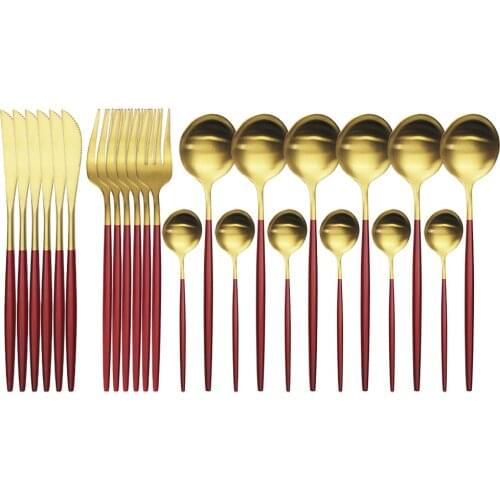 24Pcs Red Gold Dinnerware Cutlery Set Knives Fork Tea Spoon Tableware Matte Stainless Steel Flatware Home Kitchen Silverware Set