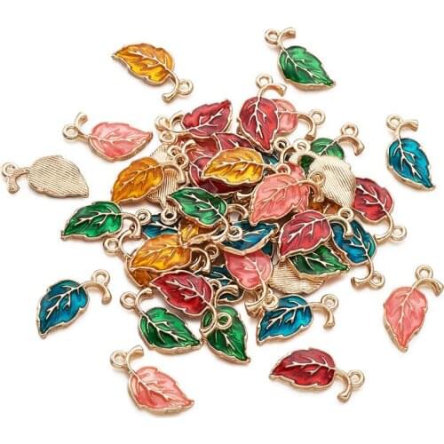 50pcs/set Leaf Mixed Color Golden Plated Alloy Pendants with Enamel for Jewelry Making DIY Findings 19.5x9.5x2.2mm