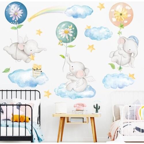 Cartoon Elephant Baby Wall Stickers with Air balloon Baby Nursery Room Decoration Wall Decals for Kids Room Bedroom Home Decor