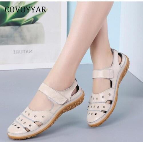 COVOYYAR Leather Flat Women Shoes Mary Janes Cut Out Gladiator Sandals Woman Casual Shoes Soft Drive Walk Shoes Big Size WFS463