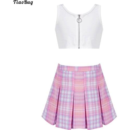 TiaoBug Kids Girls Clothes Set Sleeveless Round Neckline Zipper Front Crop Top With Elastic Waistband Pleated Grid Skirt