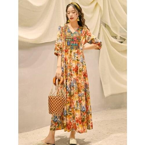 Thailand National Style Retro Embroidered Long Dress Bohemian Printed Holiday Beach Dress Net Red Travel Dress Women