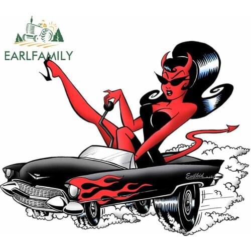 EARLFAMILY 13cm x 10.3cm for Red Skin Devil Girl Driving A Convertible Car Stickers Anime Decal for Air Conditioner Windshield