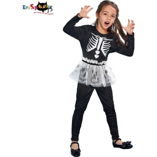 Eraspooky Skeleton Jumpsuit Girls Skull Tutu Skirt Cosplay Halloween costume for kids Day of the dead Carnival Party Outfits