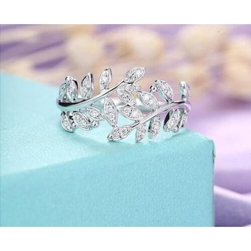 Exquisite Leaf Geometric Zifconia Crystal Open Ring for Women Wedding Engagement Party Ring Fashion Jewelry Adjustable