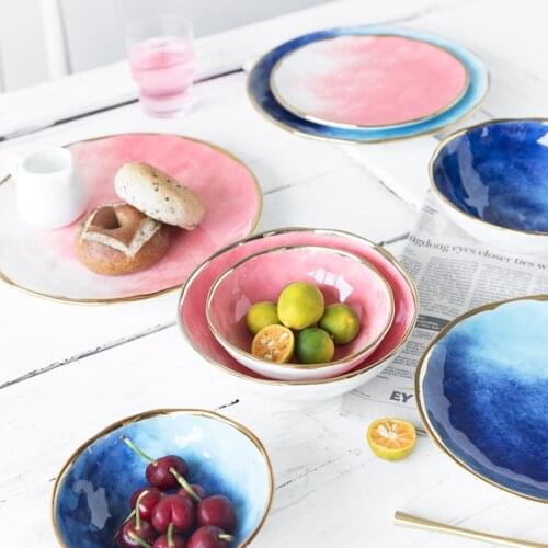 Starry Sky Gold Inlay Ceramic Plate Food Dish Steak Plate Nordic Style Tableware Bowl Dessert Dish Dinner Rice Soup Dinnerware