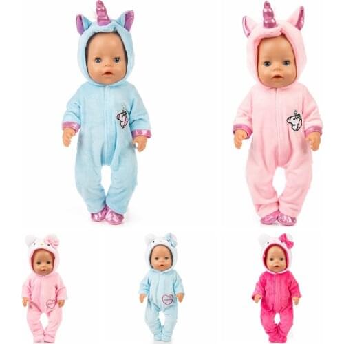 Fit 18 inch 43cm Rompers Jumpsuits+Shoes Doll Clothes Born Baby Unicorn Red Purple Blue Suit For Baby Birthday Gift