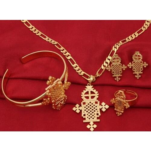 New Arrival Ethiopian Jewelry Sets 9 k Solid G/F Gold Ring Figaro Chain bangle pendant Earring African /Ethiopian /Eritrean