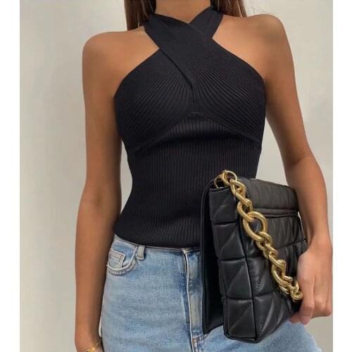 XIKOM 2021 Summer Women Sexy Solid Sleeveless knitted Tank Tops Ladies Fashion Halter Neck Top Female Black White Top