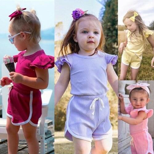Toddler Kids Baby Girl Summer Flying Sleeve T-shirt Top Drawstring Shorts Knit Outfits Sport Infant Solid Cotton Suit