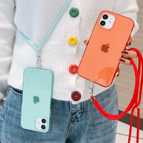 Candy Color Lanyard Transparent Phone Case For iPhone 11 12 Pro X XR XS Max Mini 6 6S 7 8 Plus SE2 Necklace Chain Silicone Cover