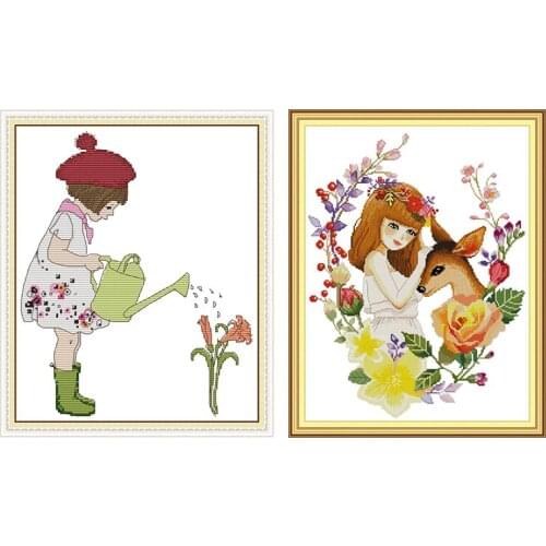 Girl and Deer Patterns Cross Stitch Kits Printed Fabric 14CT 11CT Counted Cross Stitch Kits for Embroidery Kits DIY Needlework