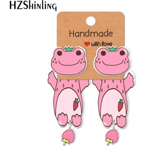 2021 New Pink Strawberry Frog Acrylic Stud Earring Lovely Animal Epoxy Resin Jewelry Handmade Items Gifts Girl