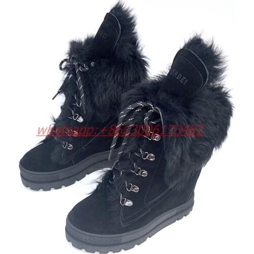 New arrive double sole platform lace up fur boot woman winter platform sole inner heel lace up fur boots real photos