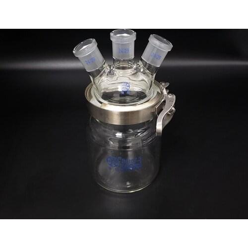 Single-layer cylindrical flat bottom open reactor bottle 500ml,100mm flange,With iron clip,Cover with three ground mouth 24/29