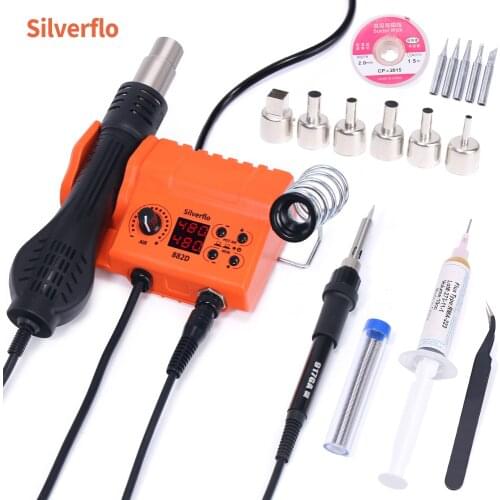 Silverflo 882D Hot Air Soldering Station Digital Temperature Correction 110V/220V SMD Soldering Ion Station With Heat Gun Nozzle