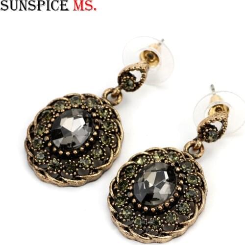 Sunspicems Vintage Dangle Earring Round Gray Crystal Turkish Design Ethnic Female Wedding Jewelry Antique Gold Color Love Gift