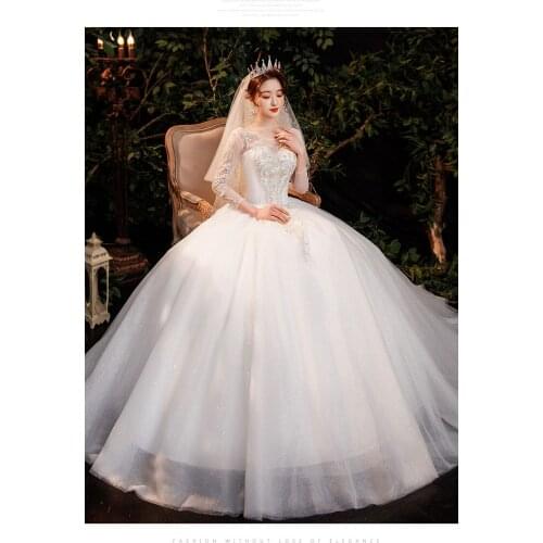 Wedding Dresses Floor-length Round Neck Long Sleeve Wedding Gowns Sequins Elegant Bridal Gown Custom Made Vestido De Noiva