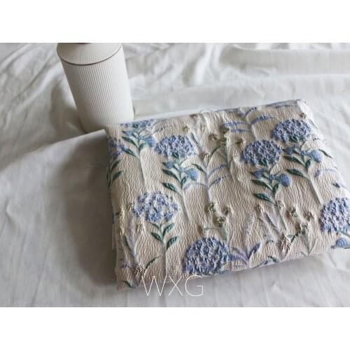 Cream Color Blue Three-Dimensional Flower Brocade Jacquard Mixed Woven Bright Silk Clothing Fabrics Cloth DIY