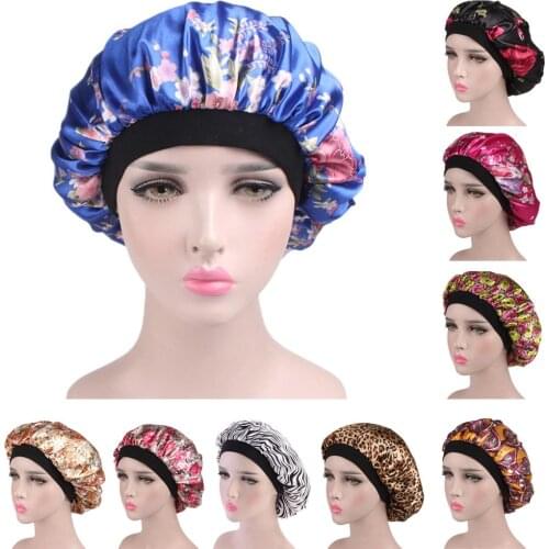 Women Satin Bonnet Cap Night Sleep Hair Head Cover Wide Band Adjust Elastic Hat Flower Print Fashion Ladies Beanies Hair Loss
