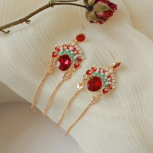 Asymmetrical Red Pink Zircon Beijing Opera Face Tassel Simulated Pearl Golden Rhinestone Women Dangle Earrings & Drop Earrings