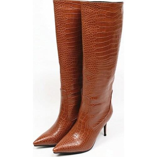 New Brown Plus Size 34-43 Women Slip-On Knee High Boots Fashion Pointed Toe High Heels Fall Winter Thin Heel Long Boots Women