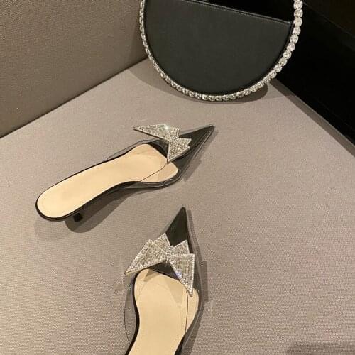 Aneikeh Spring Zapatos De Mujer 2021NEW Fashion Sexy PVC Women Pumps Thin Heels Pointed Toe Butterfly-Knot Crystal Bling Slip-On