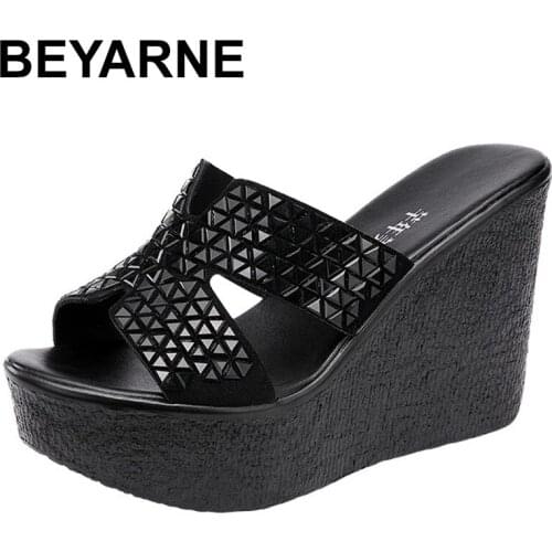 BEYARNESummer 2021 New 11cm High Heel Sandals Women Wedges Heel Platform Fish Mouth Peep Toe Fashion Footwear Black