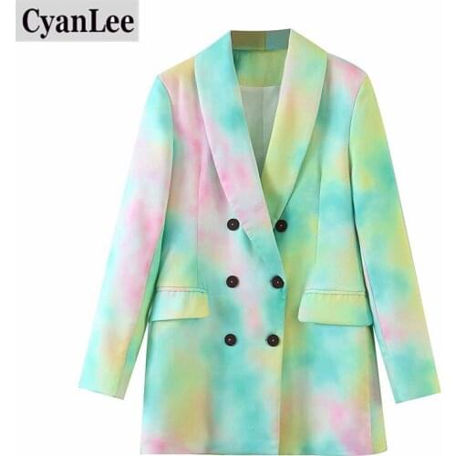 Cyanlee Women Tie-dye Hit Color Double Breasted Blazer New Lapel Long Sleeve Loose Jacket Fashion Tide Spring Autumn 2020 Tops