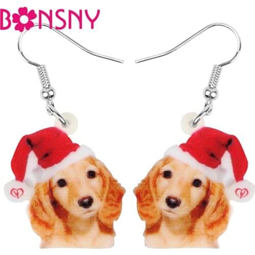Bonsny Acrylic Christmas Hat Dachshund Dog Earrings Drop Dangle Animal Jewelry Women Girls Teens Party Decoration Gift Accessory