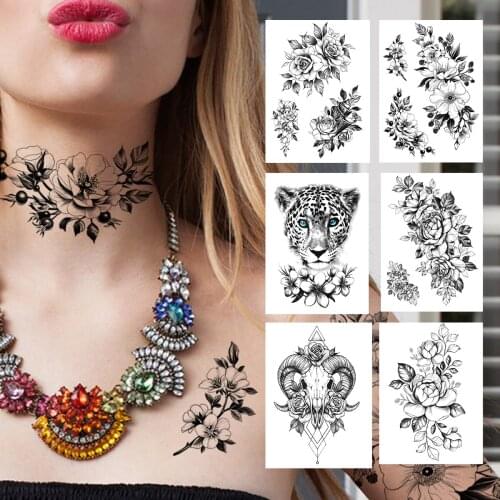 Black Rose Flower Temporary Tattoo For Women Girl Sexy Antelope Leopard Tatoos Sticker Fake Body Art Painting Tattoos Chest Neck