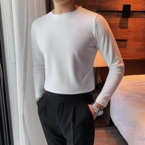 Plus Size 4XL-M Autumn Winter New Long Sleeve Fleece T-Shirts Men Clothing Solid Round Collar Slim Fit Casual Tee Shirt Homme