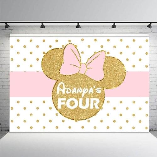 Birthday Photography Backdrop Baw Gold Point Pink Mouse Photo Background Printing Party Backdrop Cake Table Decorate