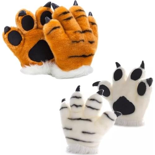 Simulation Tiger Paw Plush Gloves Striped Fluffy Animal Stuffed Toys Padded Hand Warmer Halloween Cosplay Costume Mitten