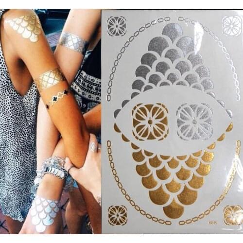 Indian Temporary Tattoo Flower Jewelry Necklace Gold Metallic Glitter Flash Tattoo Henna Fake Tattoos stickers