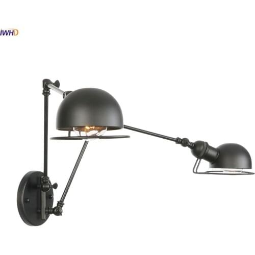 IWHD Black Iron Swing Long Arm Wall Lamp Vintage Bedroom Bathroom Mirror Stair Light Loft Retro Wall Lights LED Sconce Edison