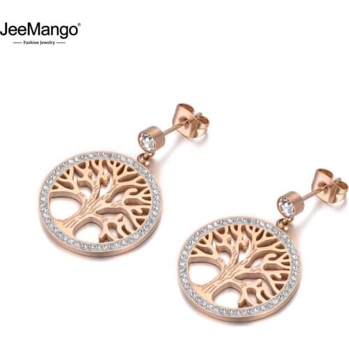 JeeMango Office Style Stainless Steel Flowers Tree Stud Earrings Jewelry Trendy Clay CZ Crystal Plant Earrings For Women JE19277