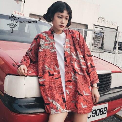 Japan Crane Print Red Blue Kimono New Cardigan Female Loose Shirt Tops Casual Kimonos Coat Yukata Women Kimonos Asian Clothing