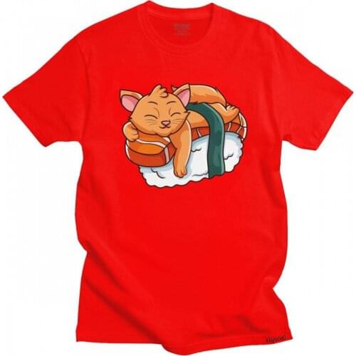 Classic Fashion Sushi Cat Men T Shirts Short Sleeved 100% Cotton T-shirt Crew Neck Streetwear Japan Cartoon Graphic Print Tshirt