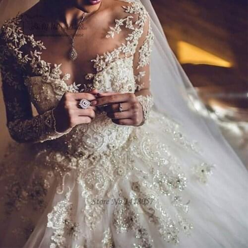 Vestido de Casamento 2017 Lace Long Sleeve Wedding Dress Luxury Sparky Bride Dresses Ball Gown Princesa Wedding Gowns Puffy Boda