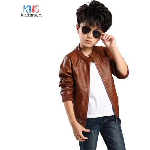Kindstraum 2018 New Boys Solid PU Jacket Spring Children Zip Leather Clothes Brand O-Neck Wear for Kids,RC1758