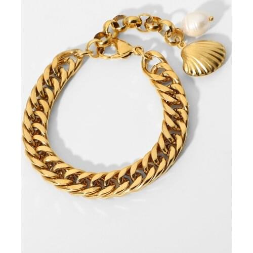 Stainless Steel Shell Freshwater Pearl Bracelets For Women 18K Gold Plated 10mm Wide Double Cuban Chain Chunky Bracelets