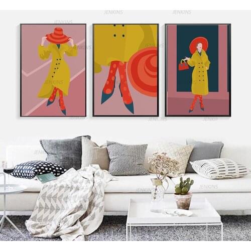 Nordic Wall Art Canvas Painting Faceless Portrait Lady with Hat Poster Print Fashion Burnt Orange Picture Modern Salon Decor